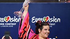 Певица Нетта Барзилай (Израиль), победившая в финале международного конкурса "Евровидение-2018", отвечает на вопросы журналистов на пресс-конференции после окончания церемонии награждения.